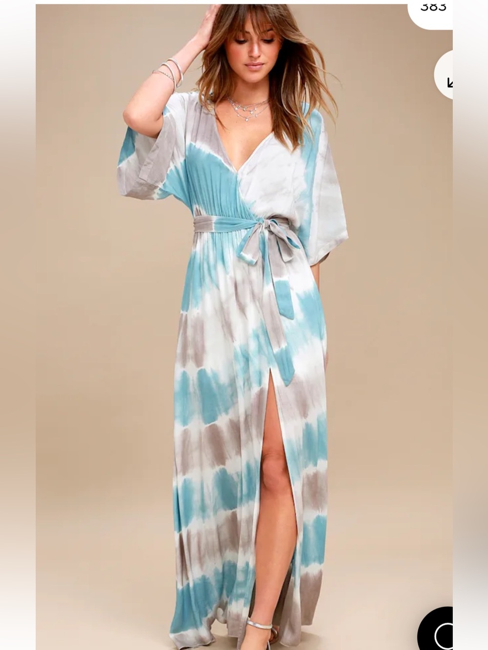 NWT Lulus Blue/Taupe Tie Dye Maxi Dress Kimono Sleeve Boho Beach Resort Dress
